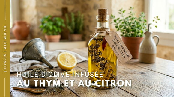 Recette huile d'olive infusée au thym et au citron - Herboristerie Sensathé Recette huile d'olive infusée au thym et au citron - Herboristerie Sensathé